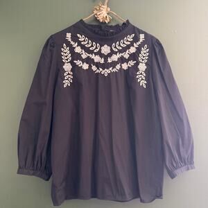 Ann Taylor Loft Black and White Embroidered Blouse Boho XL EUC